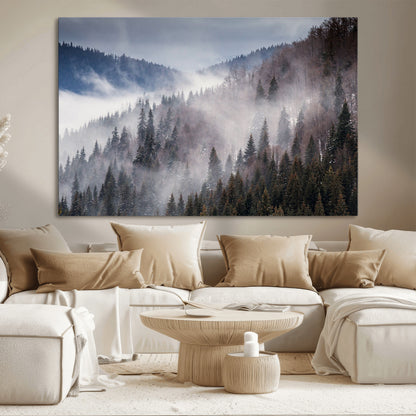 18459-MGV-CV-36X24-Misty Pine Forest Wall Art – Serene Mountain Landscape Canvas Print, Tranquil Nature Artwork for Living Room, Bedroom, Cabin or