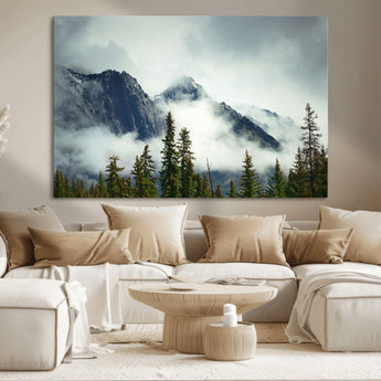 93219-MGV-CV-36X24-Misty Mountain Wall Art – Foggy Pines and Rocky Peaks Canvas Print, Nature Landscape Decor for Living Room, Office or Bedroom