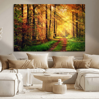 73494-MGV-CV-36X24-Golden Autumn Forest Path Wall Art – Sunlit Woodland Canvas Print, Fall Nature Landscape Home Decor