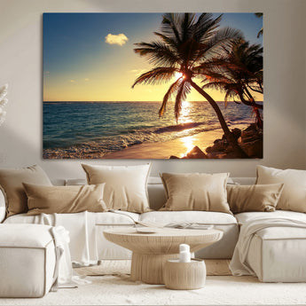 82710-MGV-CV-36X24-Palm Tree Sunset Beach Wall Art – Tropical Ocean Canvas Print, Coastal Paradise Seascape Decor for Living Room or Office Wall