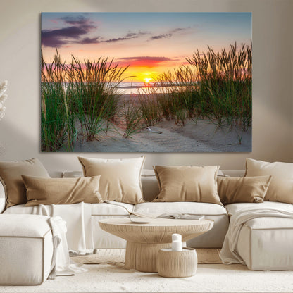 25576-MGV-CV-36X24-Beach Grass Sunset Wall Art – Coastal Sand Dune Landscape Canvas Print, Ocean View Nature Decor for Living Room or Office Wall