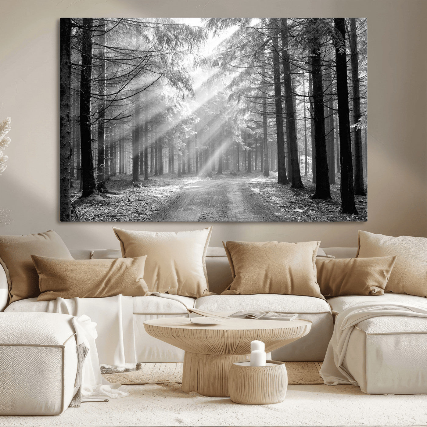39665-MGV-CV-36X24-Black and White Forest Path Wall Art – Sunlight Rays in Trees Canvas Print, Nature Landscape Decor for Living Room or Office