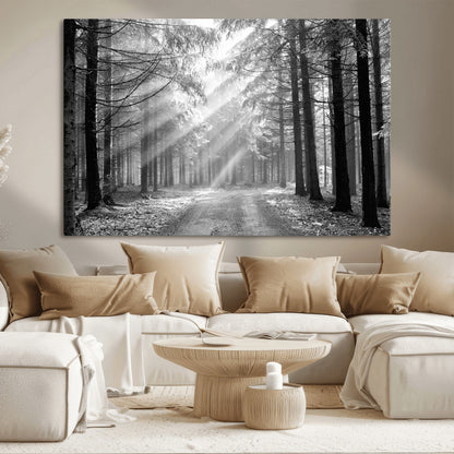 39665-MGV-CV-36X24-Black and White Forest Path Wall Art – Sunlight Rays in Trees Canvas Print, Nature Landscape Decor for Living Room