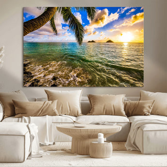 68606-MGV-CV-36X24-Tropical Palm Tree Ocean Wall Art – Sunset Beach Seascape Print, Coastal Paradise Decor for Living Room or Office