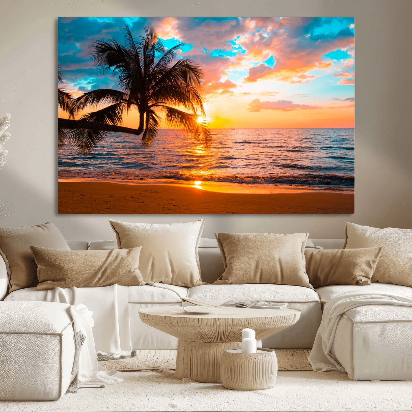 34674-MGV-CV-36X24-Tropical Sunset Beach Wall Art – Palm Tree Ocean Canvas Print, Coastal Seascape Decor for Living Room or Office Wall
