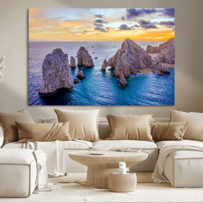 72955-MGV-CV-36X24-Ocean Rock Formation Wall Art – Sunset Coastal Seascape Print, Beach Landscape Decor for Living Room or Office
