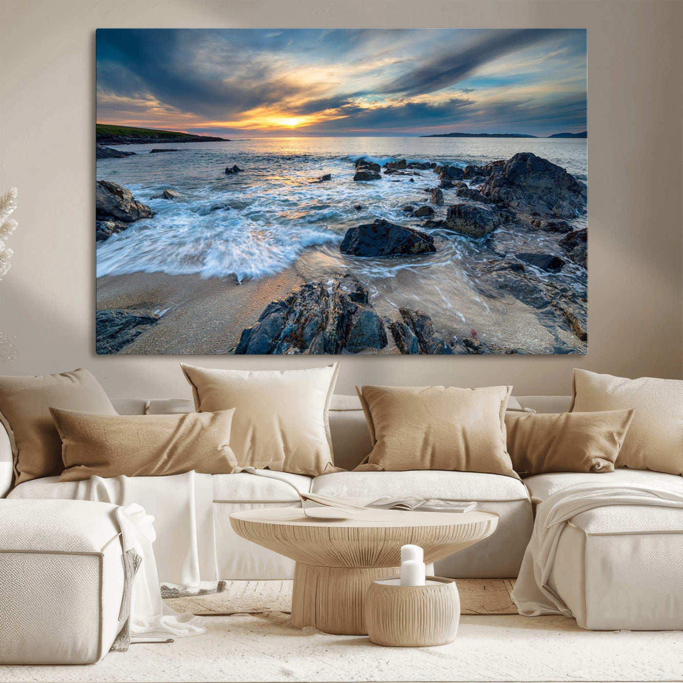 17902-MGV-CV-36X24-Rocky Shore Ocean Sunset Wall Art – Coastal Seascape Canvas Print, Nature Beach Decor for Living Room or Office