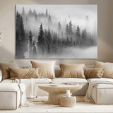 57235-MGV-CV-36X24-Misty Pine Forest Wall Art – Black and White Mountain Landscape Canvas Print, Nature Woodland Decor for Living Room, Bedroom or