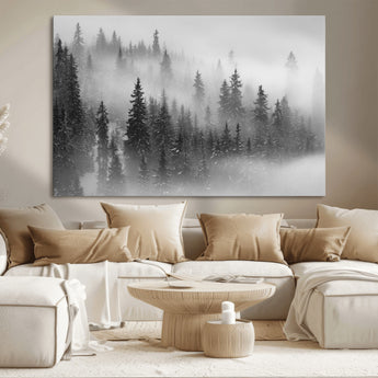 57235-MGV-CV-36X24-Misty Pine Forest Wall Art – Black and White Mountain Landscape Canvas Print, Nature Woodland Decor for Living Room, Bedroom or