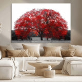 80021-MGV-CV-36X24-Red Tree Wall Art – Striking Black and White Landscape Canvas Print with Vibrant Red Leaves, Modern Nature Decor for Living Room