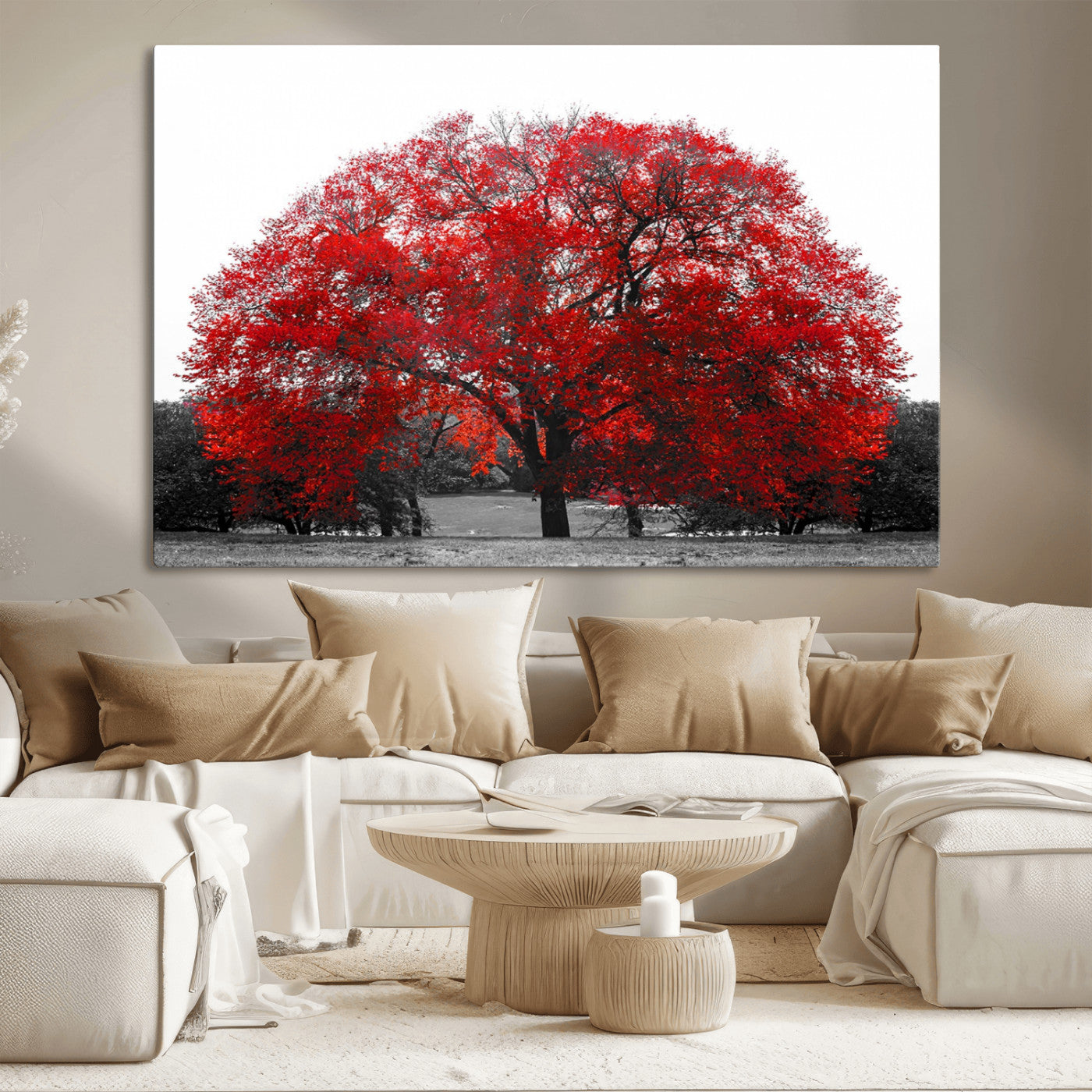 80021-MGV-CV-36X24-Red Tree Wall Art – Striking Black and White Landscape Canvas Print with Vibrant Red Leaves, Modern Nature Decor for Living Room