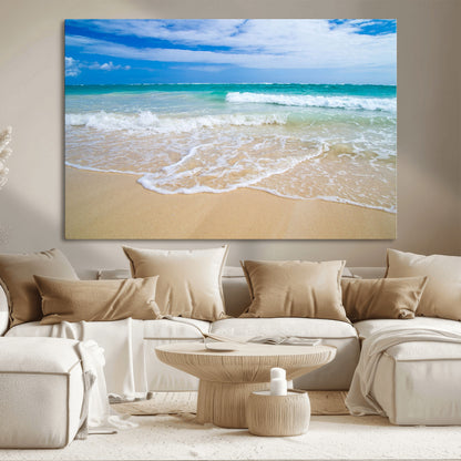 20660-MGV-CV-36X24-Ocean Wave Beach Wall Art – Serene Blue Sea and Sandy Shore Canvas Print, Coastal Landscape Photography Decor for Living Room or