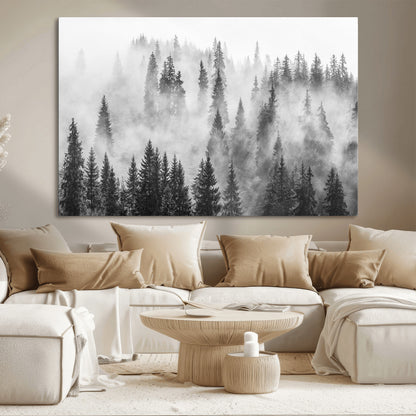 10422-MGV-CV-36X24-Misty Pine Forest Wall Art – Black and White Foggy Landscape Canvas Print, Serene Nature Woodland Decor for Bedroom, Office or