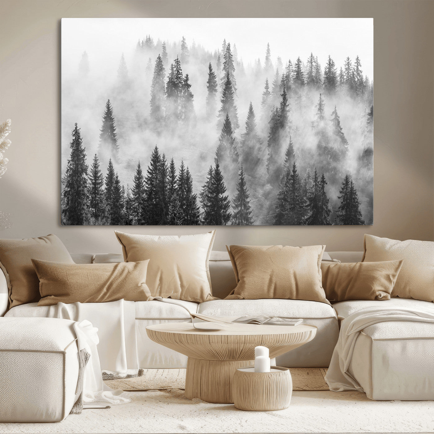 10422-MGV-CV-36X24-Misty Pine Forest Wall Art – Black and White Foggy Landscape Canvas Print, Serene Nature Woodland Decor for Bedroom, Office or