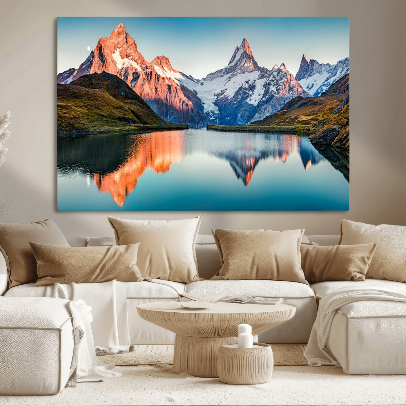88453-MGV-CV-36X24-Mountain Lake Wall Art – Snow-Capped Peaks Reflected in Alpine Water Canvas Print, Nature Landscape Wall Decor for Living Room or