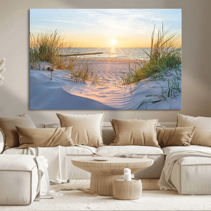 48907-MGV-CV-36X24-Beach Sunset Wall Art – Coastal Sand Dunes and Ocean View Canvas Print, Serene Seaside Landscape Painting for Living Room, Bedroom