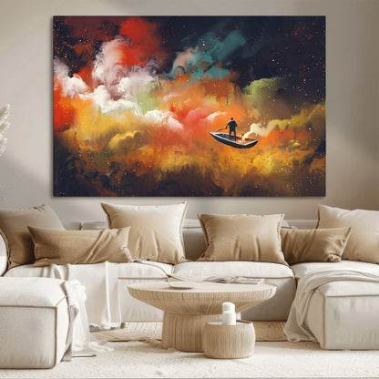 45085-MGV-CV-36X24-Surreal Cosmic Wall Art – Abstract Galaxy Dreamscape Canvas Print with Man and Dog in Boat, Fantasy Nebula Painting for Living