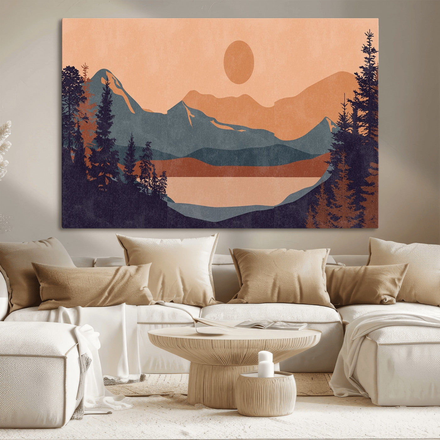 62795-MGV-CV-36X24-Minimalist Mountain Landscape Wall Art – Abstract Sunset Over Peaks and Pine Trees Canvas Print, Modern Nature Decor for Living