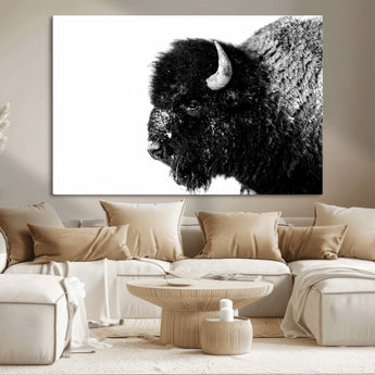 68780-MGV-CV-36X24-Bison Close-Up Wall Art – Black and White Buffalo Canvas Print, Rustic Wildlife Photography Decor for Living Room, Office, or