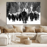 62434-MGV-CV-36X24-Bison Herd Wall Art – Majestic Black and White Buffalo Canvas Print, Wildlife Nature Photography Decor for Living Room, Office or