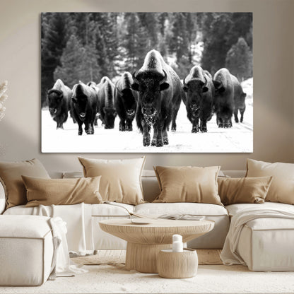 62434-MGV-CV-36X24-Bison Herd Wall Art – Majestic Black and White Buffalo Canvas Print, Wildlife Nature Photography Decor for Living Room, Office or