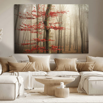 61855-MGV-CV-36X24-Misty Forest Wall Art – Red Tree with Autumn Leaves Canvas Print, Moody Woodland Nature Decor for Living Room, Bedroom, or Office