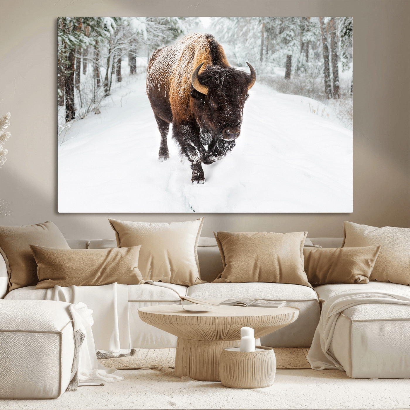 84699-MGV-CV-36X24-Bison in Winter Wall Art – Majestic Buffalo Canvas Print with Snowy Forest Landscape, Rustic Wildlife Artwork for Cabin, Living