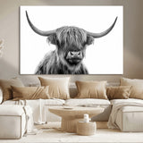 10123-MGV-CV-36X24-Black and White Highland Cow Wall Art – Modern Farmhouse Animal Print, Rustic Scottish Bull Canvas Decor for Living Room, Bedroom,