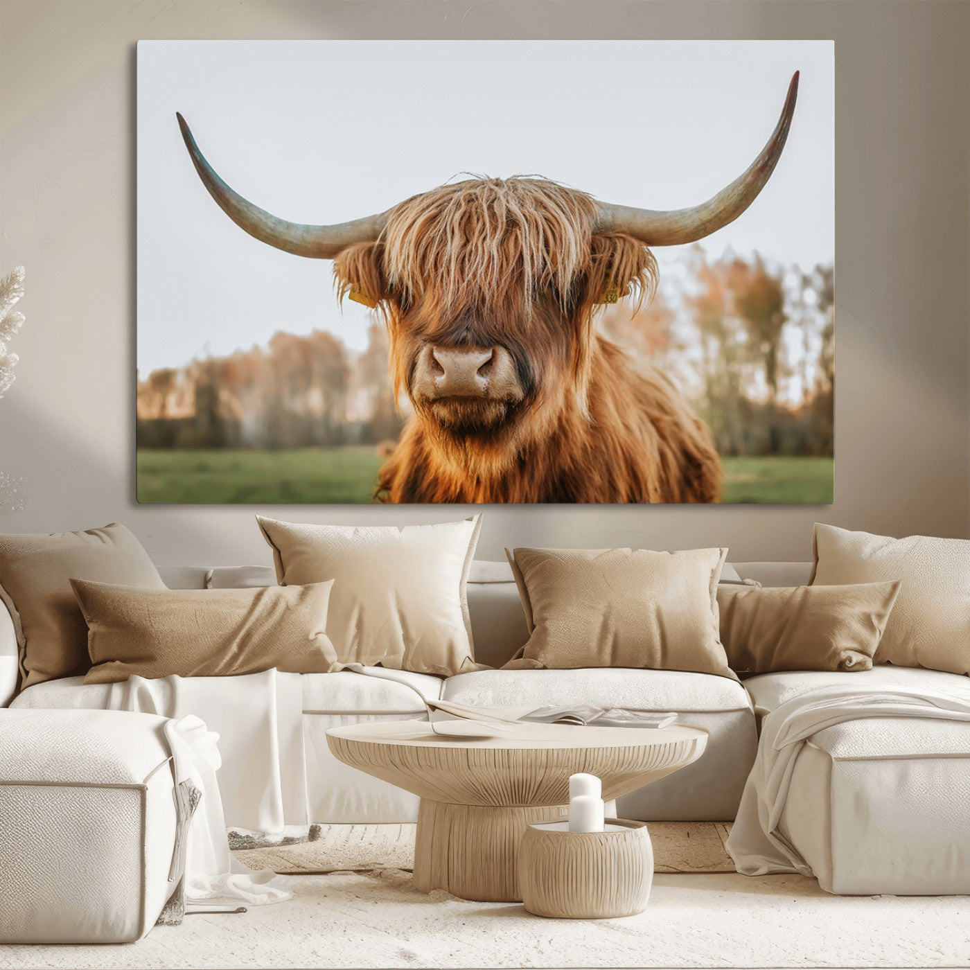 64824-MGV-CV-36X24-Highland Cow Wall Art – Rustic Scottish Bull Canvas Print, Farmhouse Animal Decor for Living Room, Bedroom, Office or Cabin