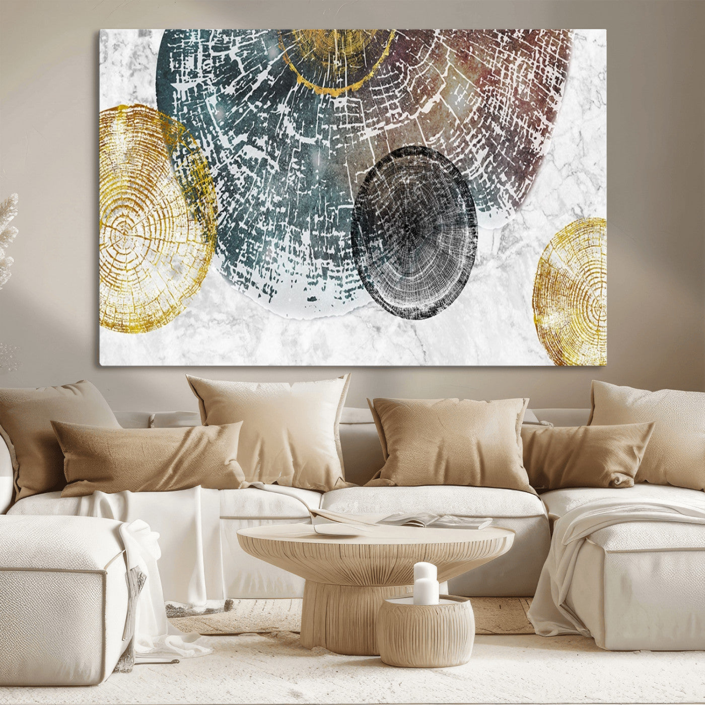 70653-MGV-CV-36X24-Abstract Tree Ring Wall Art – Modern Rustic Wood Slice Canvas Print with Gold Accents, Contemporary Nature Decor for Living Room,