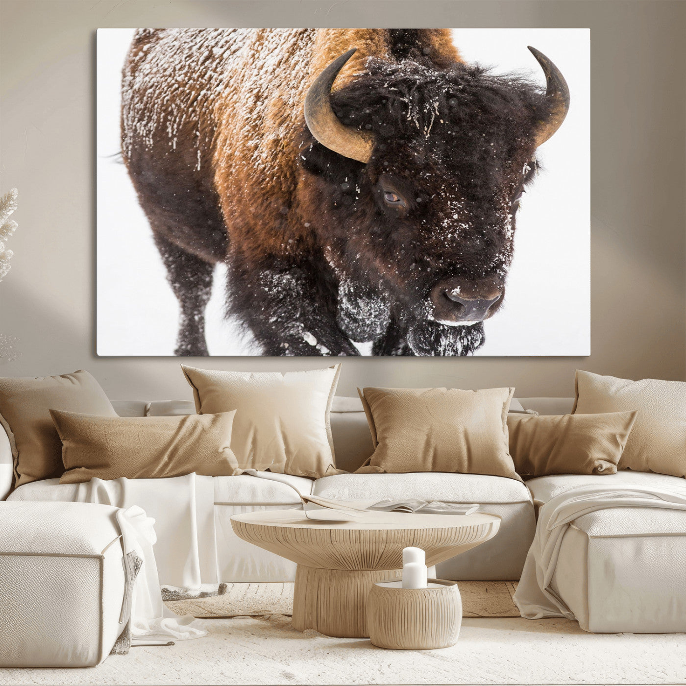 65605-MGV-CV-36X24-Snow Bison Wall Art – Close Up Buffalo Canvas Print, Rustic Western Wildlife Photography, Farmhouse Cabin Lodge Decor for Living