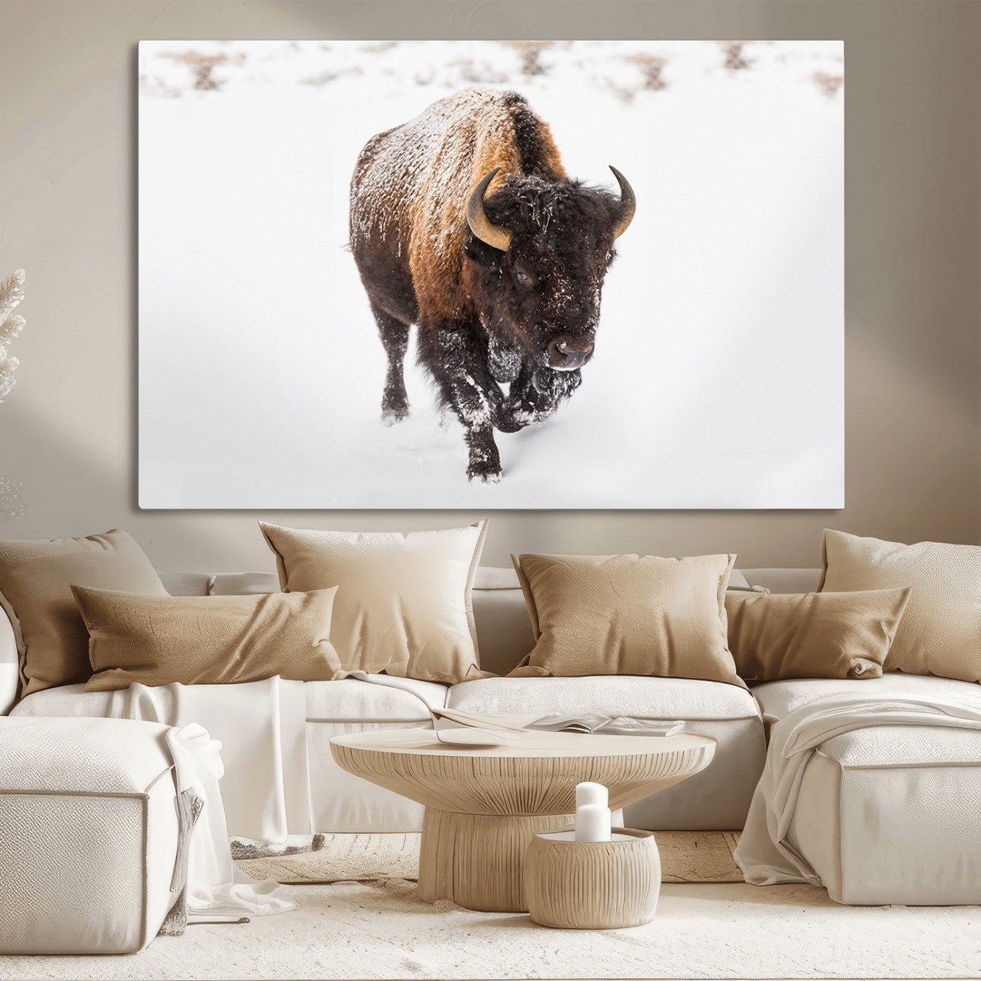 19889-MGV-CV-36X24-Snow Bison Wall Art – Majestic Buffalo Winter Landscape Canvas Print, Rustic Wildlife Photography Decor for Cabin, Lodge, Living
