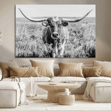77320-MGV-CV-36X24-Texas Longhorn Wall Art – Black and White Western Cattle Canvas Print, Rustic Farmhouse Animal Photography Decor for Living Room,