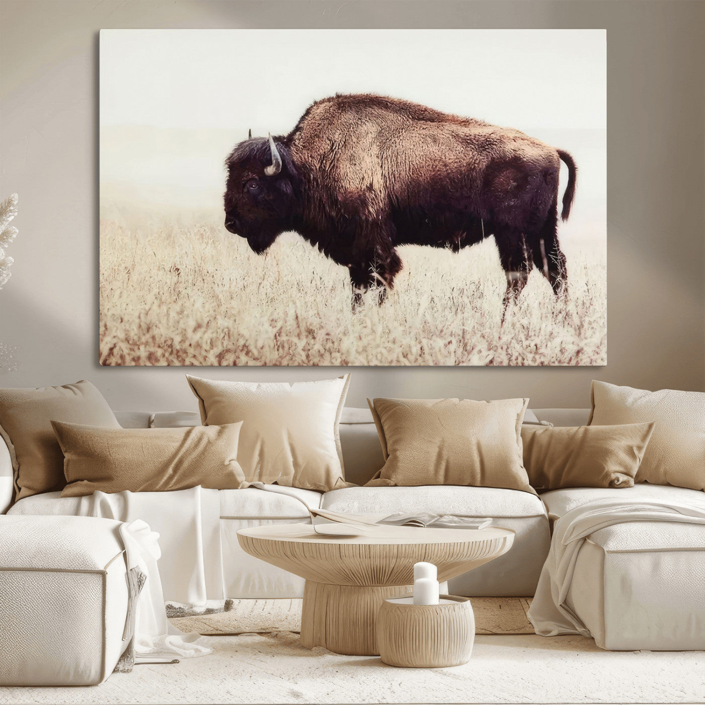 48406-MGV-CV-36X24-American Bison Wall Art – Rustic Buffalo Canvas Print in Prairie Field, Western Wildlife Photography Decor for Cabin, Lodge,