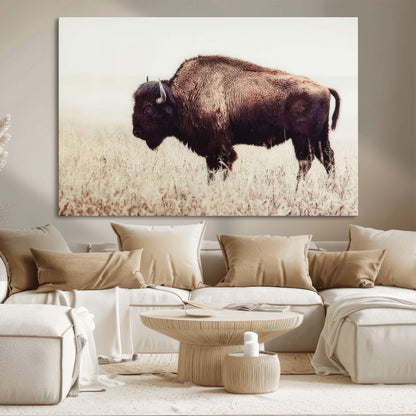 48406-MGV-CV-36X24-American Bison Wall Art – Rustic Buffalo Canvas Print in Prairie Field, Western Wildlife Photography Decor for Cabin, Lodge,