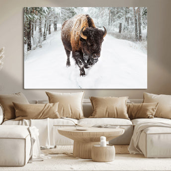10109-MGV-CV-36X24-Majestic Bison Winter Wall Art – Snowy Forest Buffalo Canvas Print, Rustic Wildlife Photography Decor for Cabin, Lodge, Living