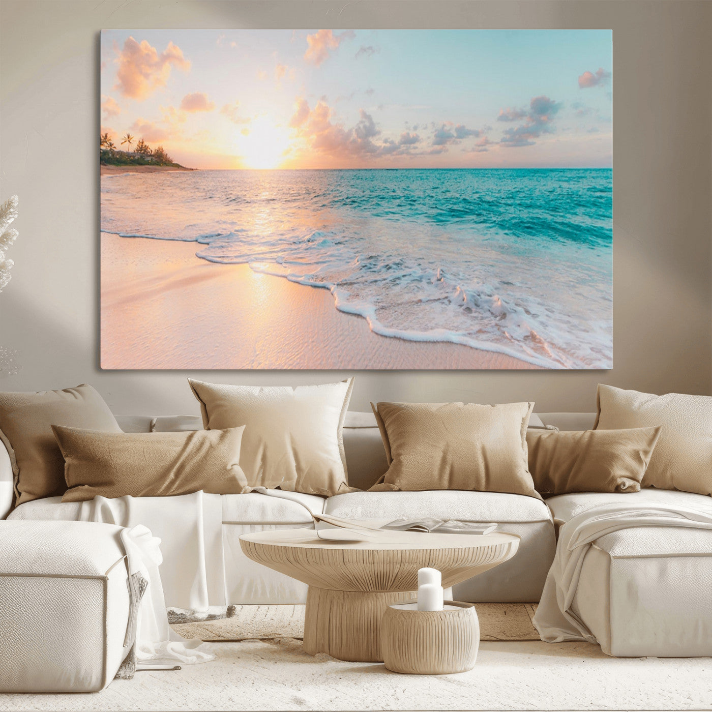 36554-MGV-CV-36X24-Tropical Beach Sunset Wall Art – Ocean Waves and Palm Canvas Print, Coastal Seascape Photography Decor for Living Room, Bedroom,
