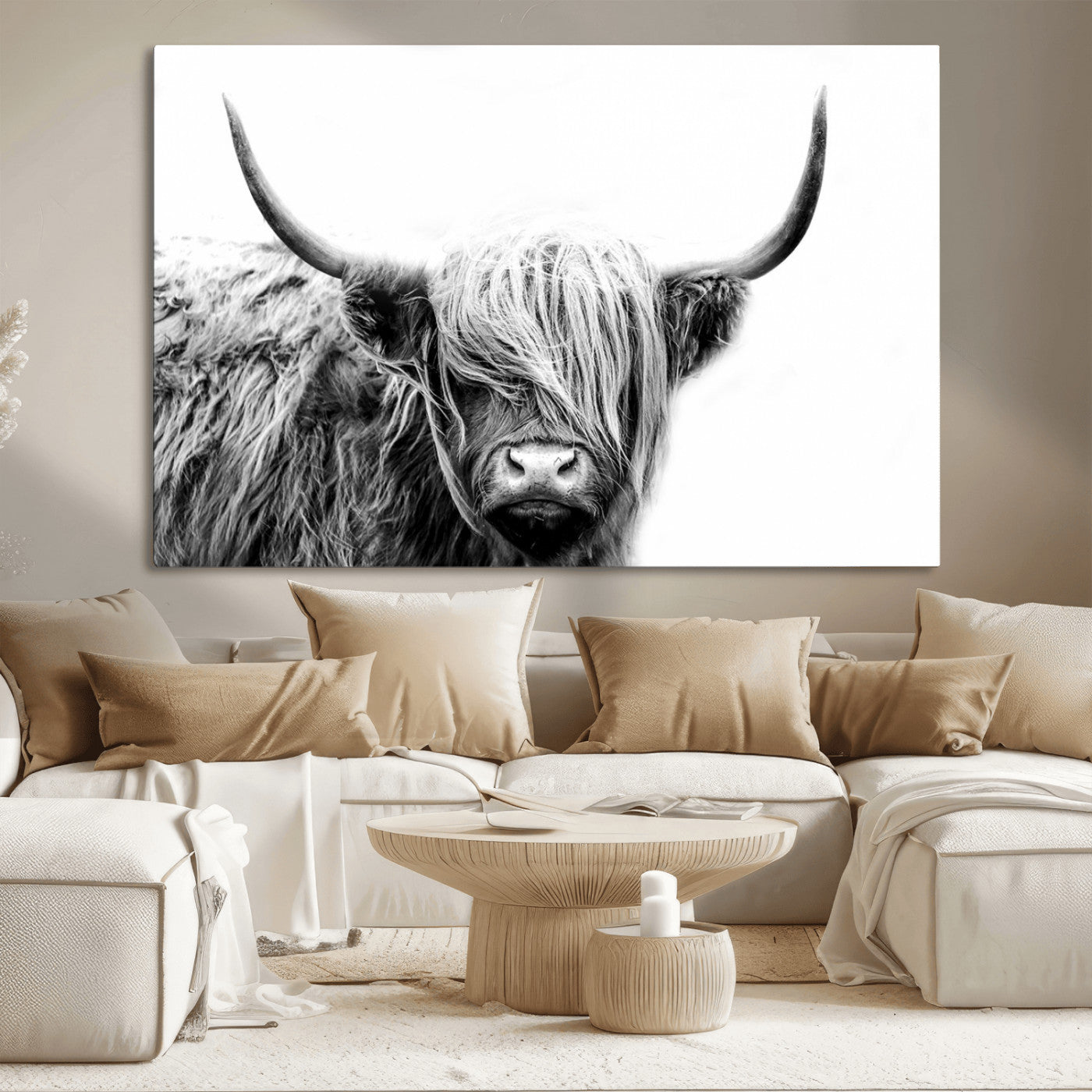 51957-MGV-CV-36X24-Highland Cow Wall Art – Black and White Scottish Highland Bull Canvas Print, Rustic Farmhouse Animal Decor for Living Room,