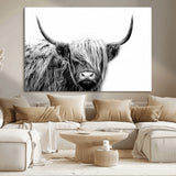 51957-MGV-CV-36X24-Highland Cow Wall Art – Black and White Scottish Highland Bull Canvas Print, Rustic Farmhouse Animal Decor for Living Room,