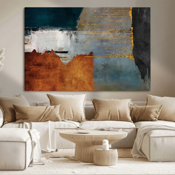 35026-MGV-CV-36X24-Abstract Canvas Wall Art – Modern Teal, Rust, Black and Gold Textured Painting, Contemporary Decor for Living Room, Bedroom or