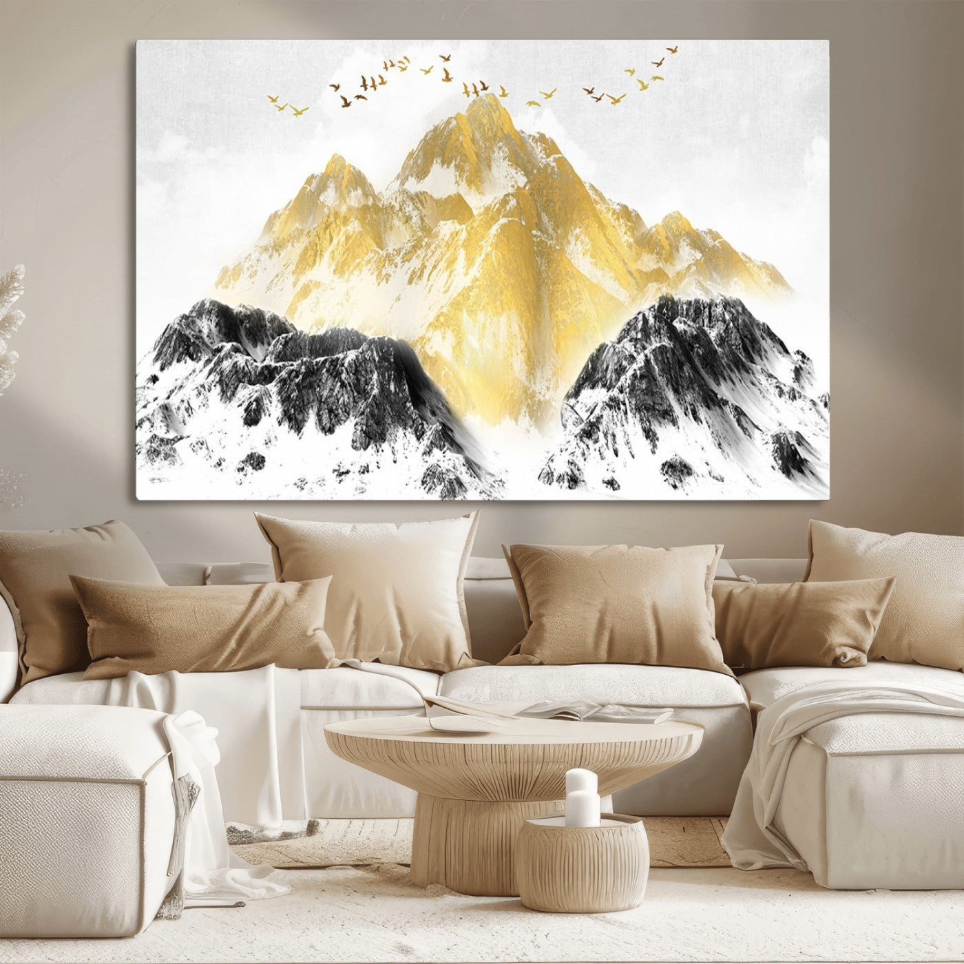 37733-MGV-CV-36X24-Golden Mountain Wall Art – Modern Abstract Landscape Canvas Print with Birds, Luxury Nature Decor for Living Room, Bedroom, or