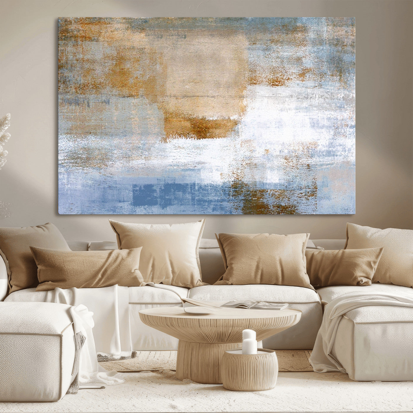 72354-MGV-CV-36X24-Blue and Gold Abstract Wall Art – Modern Minimalist Canvas Print, Textured Contemporary Painting for Living Room, Bedroom, or