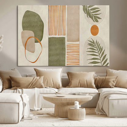 96002-MGV-CV-36X24-Abstract Geometric Wall Art – Modern Canvas Print with Green, Orange & Beige Shapes, Minimalist Home Decor for Living Room, Office