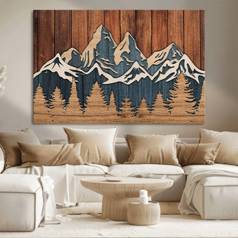 41330-MGV-CV-36X24-Rustic Mountain Wall Art – Wooden Nature Scene with Trees and Peaks, Handmade 3D Layered Decor for Living Room, Cabin or Office