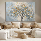 65811-MGV-CV-36X24-Abstract Tree Wall Art – Textured Canvas Painting with Gold and White Leaves, Modern Nature Inspired Decor for Living Room or