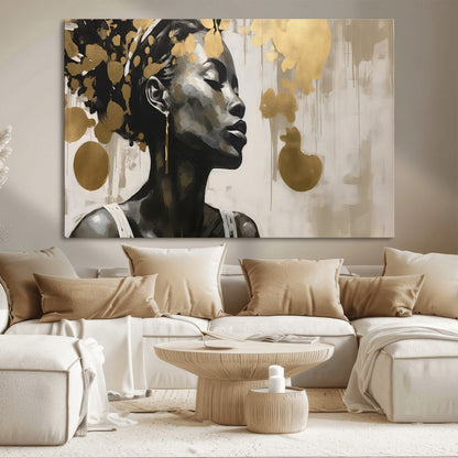65669-MGV-CV-36X24-Elegant Black Woman Wall Art – Modern Abstract Portrait Canvas with Gold Accents, Contemporary Afrocentric Decor for Living Room