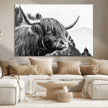 61570-MGV-CV-36X24-Highland Cow Wall Art – Black and White Scottish Bull Canvas Print, Rustic Farmhouse Animal Decor for Living Room, Bedroom, or