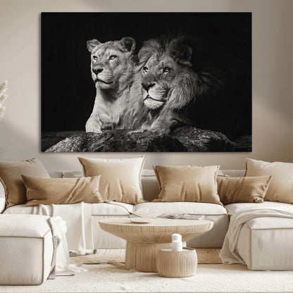 80013-MGV-CV-36X24-Lion and Lioness Wall Art – Black and White Wildlife Photography Canvas Print, African Safari Animal Decor for Office, Bedroom