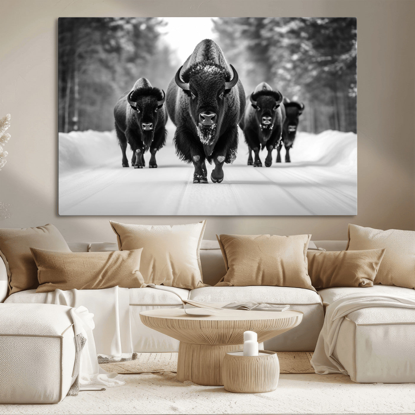 45287-MGV-CV-36X24-Bison Herd Wall Art – Black and White Buffalo Snow Road Canvas Print, Rustic Wildlife Decor for Cabin, Lodge or Living Room