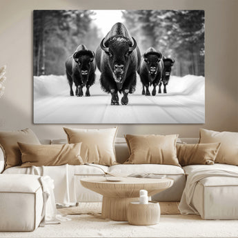 45287-MGV-CV-36X24-Bison Herd Wall Art – Black and White Buffalo Snow Road Canvas Print, Rustic Wildlife Decor for Cabin, Lodge or Living Room